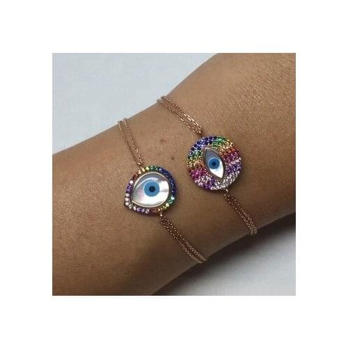 2021 Wholesale Rose Gold Color Rainbow Colorful CZ Paved Lucky Turkish Evil Eye Double Link Chain Fashion Women Cute Bracelet