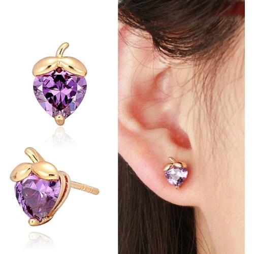 6Colors Cute Yellow Gold Color Heart Cut CZ Strawberry Fruit Small Stud Earrings for Women Girls Kids Child Babies Jewelry Aros