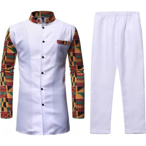 White Afriacn Dashiki Dress Shirt Pant Set 2 Pieces Outfit Set Streetwear Casual Men African Clothes African Suit Men Chemise