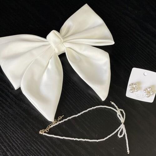 White Bow Hair Accessories Set with Necklace & Ear Clips Elegant Fashion Wedding Jewelry Gifts for Women LB