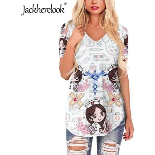 Jackherelook Casual Loose Blouse Shirt Cute Cartoon Nurse Doctor Print Ladies V Neck Clothes Harajuku Top Shirts for Teen Girls