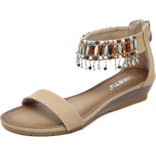 Bohemia Ethnic style Women Sandals 2021 Summer Hanging bead Tourist beach shoes Comfortable Open Toe Tassel Beaded Roman shoes