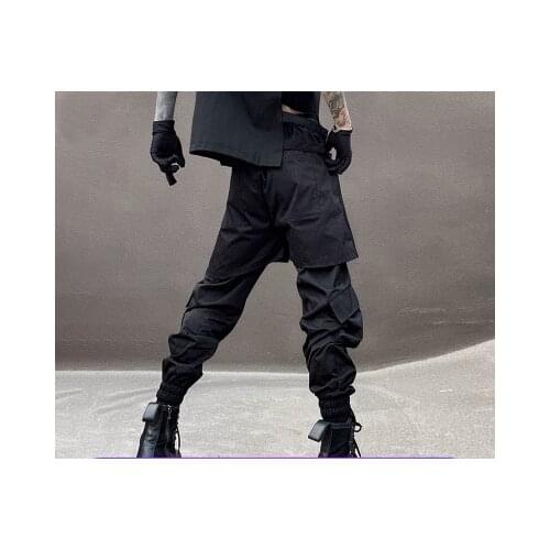 Dark functional wind paratroopers pants false two-piece breeches high street multi-pocket chain overalls mens tactical pants