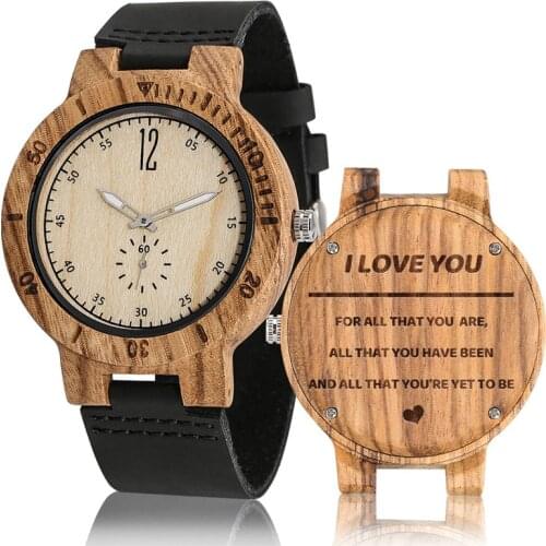 Customized Engraved Nature Wood Clock Watch I Love You Mens Quartz Analog Wrist Watches Luminous Hands with Leather Band Gift