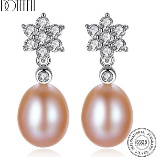 DOTEFFIL 7mm Natural Pearl 925 Sterling Silver AAA Star Zircon Drop Earrings For Women Wedding Engagement Party Charm Jewelry