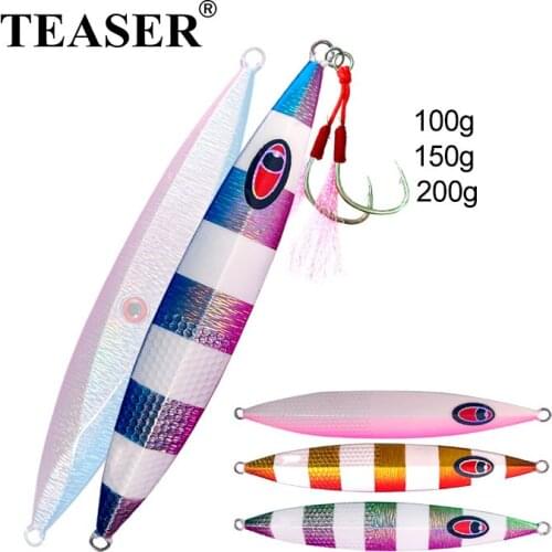 TEASER 100g 150g 200g Ocean Fishing Metal Casting Jig Lure Saltwater Artificial Casting Sea Bass Zebra Luminous Bait With Hooks