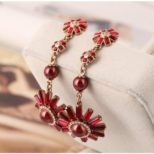 European and American brand fashion red pearl flower long earrings