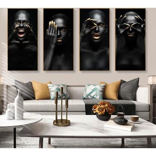 Black Gold Nude Gestures Art Canvas Print Painting African Black Skin Women Living Room Wall Picture Home Decoration Poster