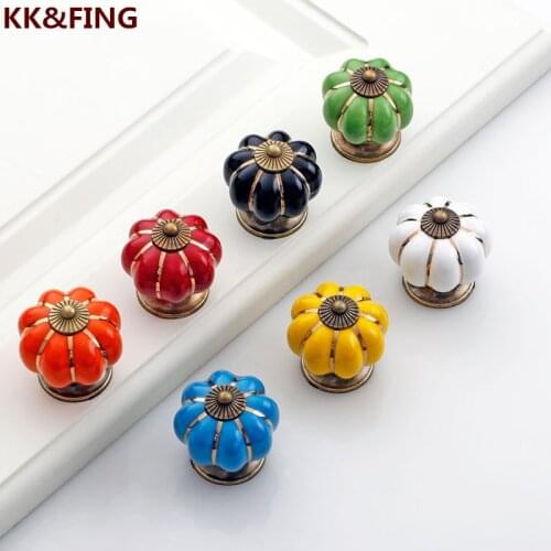 KK&FING Ceramic Multicolor Drawer Knobs Pumpkin Shape Cabinet Handles Furniture Single Hole Pulls Childrens Room Decoration