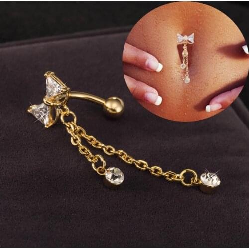 Stainless Steel Bow-knot Navel Ring Body Jewelry Dangle Navel Bar Piercing Gold Belly Button Ring For Women New 2020
