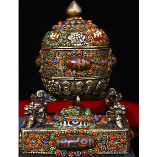 8"Tibet Temple Collection Old Tibetan silver Tracing mosaic Gem Dzi Bead Prayer wheel pagoda stupa Town House Exorcism