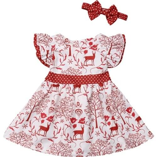 Christmas Toddler Baby Girls Clothes Cute Deer Bowknot Pageant Party Formal Dress+Headband Outfit 2 piece Sets