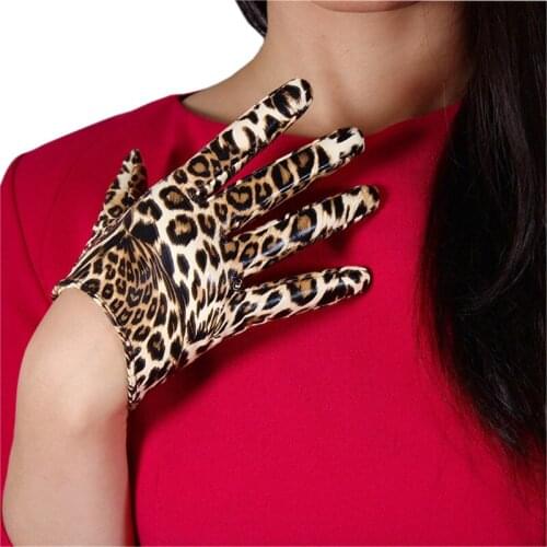 Leopard Leather Gloves 21cm Patent Leather Short Section Emulation Leather PU Bright Leather Brown Leopard Animal Female PU24