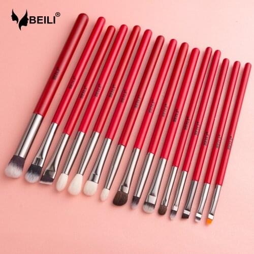 BEILI Red 15pcs Professional Makeup Brushes Set Natural Hair Eye shadow Blending Eyebrow Pony Goat Bristles makeup brushes sets