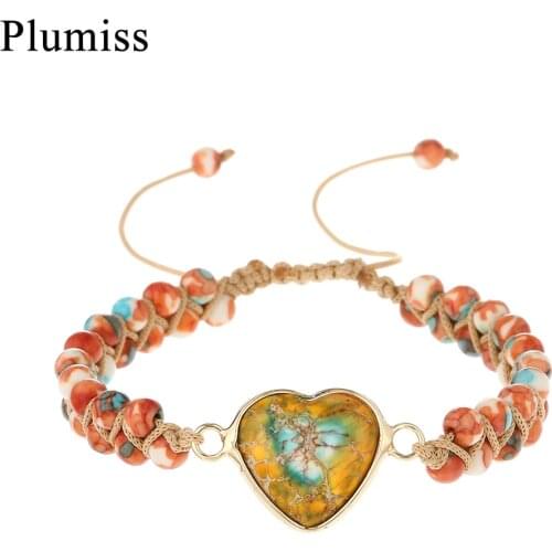 Natural Stone Heart Charm Wrap Bracelet Imperial Jaspers Meditation Spiritual Protection Bracelet Handmade Braided Jewelry Gift