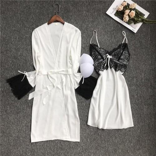 Spring autumn new open back pajamas Womens summer ice silk housewear Two piece dress and robe with lace Womens pajamas suit