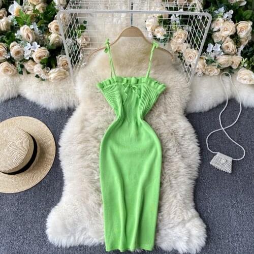 Foamlina Bow Tied Spaghetti Strap Solid Knitted Dress Women Summer Sleeveless Mini Bodycon Dress Vestidos Sexy Female Clothing