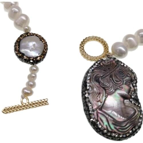 Freshwater white round pearl +ZIRCON BEAUTY SHELL pendant necklace nature wholesale beads FPPJ