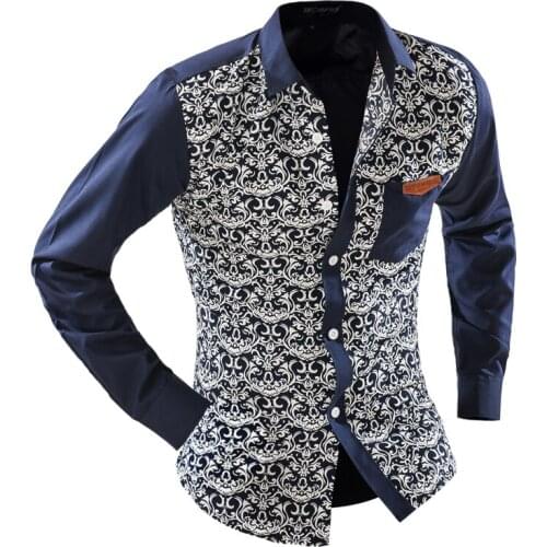 Slim Fit Mens Shirts Long Sleeve Porcelain Printed Men Shirts Plus Size 2XL Summer Style Casual Outfit Shirts Men Clothes A436