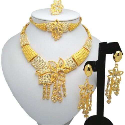 New African Gold Color Jewelry Sets Dubai Necklace Bracelet Earrings Ring Jewelry Sets Bridal Wedding Accessories Jewelry