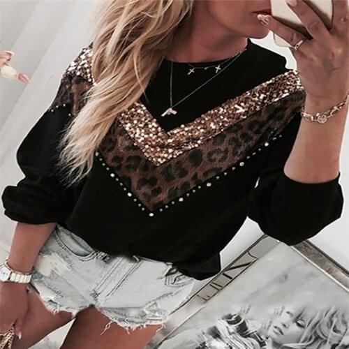 Women Fashion Leopard Sequins Colorblock Insert Casual T shirt Long Sleeve Autumn Winter Tops