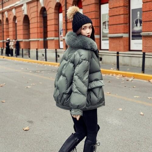 Winter Big Fox Fur Hood Puffer Jacket Women Loose Short White Duck Down Padded Coats Office Lady Down Parkas Outerwear JK-886