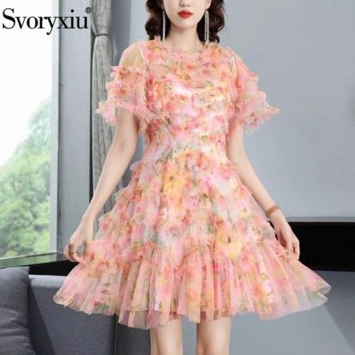 Svoryxiu Runway Designer Summer Party Short Dress Womens Fashion Short Sleeve Flower Print Mesh Ruffles Mini Dresses XXL