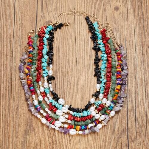 Boho Irregular Beaded Choker Gravel Turquoise Natural Stone Necklace for Women Fashion Femme Collar Trendy Pearl Clavicle Chain
