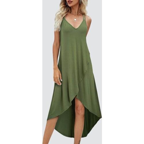 Women Casual Holiday Solid Color Sleeveless V Neck Cross Bandage Loose Flowy Shift Midi Dress 1HA247