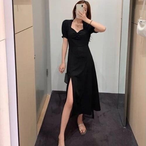 Women Summer Black simple Dress Puff Sleeve Elegant Side Split dresses clubwear party Basic Vestidos