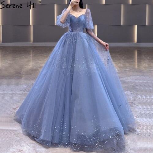 Serene Hill Blue Beading Pearls Evening Dress 2021 Long Puff Sleeves Sexy Women Formal Party Wear Ball Gown CLA70916