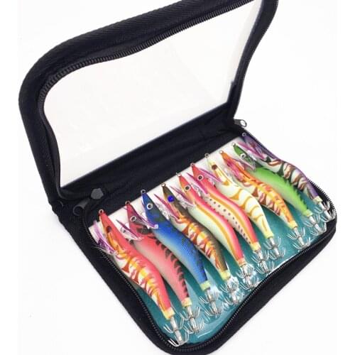 10PCS14g/12cm Shrimp Bait Hook Bag 3D Eyes Luminous Squid Jig Fishing Wood Shrimp Lure Squid Cuttlefish Jigs Lures Octopus hook