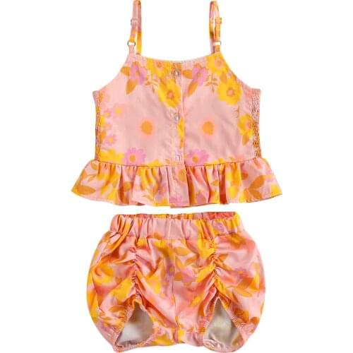2021 0-5Y Sweet Baby Girls Clothes Set Orange Floral Printed Pattern Boat Neck Sleeveless Tops and Pleated Shorts Summer Outfits