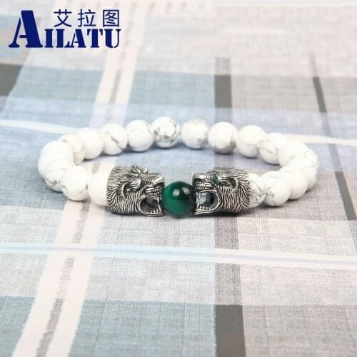 Ailatu New Vintage Double Panther Bracelet with 8mm Natural White Howlite Stone Beads Top Quality