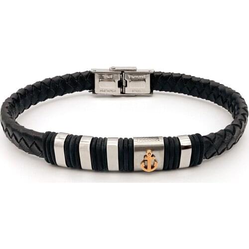 Runda Classic Leather Bracelet Six-Pointed Star Anchor Rudder MenS Stainless Steel Wristband Boyfriend Gift