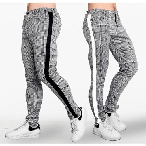 Streetwear Pants Casual Fashion Men Hip Pop Long Trousers Jogging Plaid Grey Side Stripe Pants Slim Fit Skinny Bottom Sweatpants
