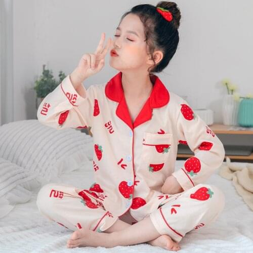 Kids Clothes Baby Pajama Sets Boys Girls Strawberry Print Outfits Set New Long Sleeve Blouse Tops+Pants Sleepwear Cotton Pajamas