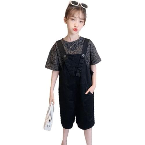 Children Clothes Leopard Tshirt + Jumpsuit Childrens Clothes For Girls Summer Tracksuit Girl Casual Style Kids Clothing 6 8 10