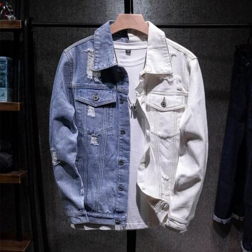 Blue White Patchwork Jean Jacket 2021 Fall Men Fashion Lapel Long Sleeve Ripped Denim Coat Man Korean Big Size Jacket Streetwear