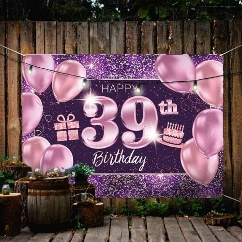 Happy 39th Birthday Banner Backdrop - 39 Birthday Party Decorations Supplies for Women - Pink Purple Gold
