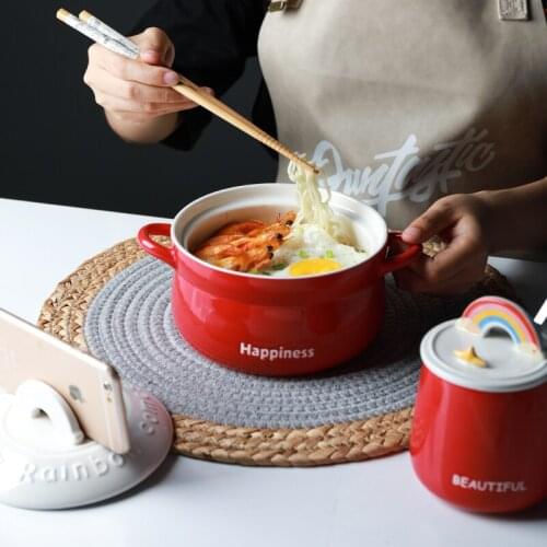 Creative Rainbow Ceramic Bowl With Cover Noodle Household Soup Double Ear Microwave Oven Basin Nest Mug
