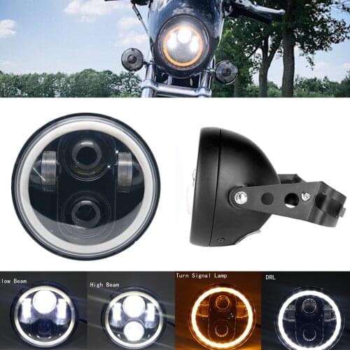 5-3/4" Round Headlamp With White/ Amber Halo Ring For Dyna Sportster XL 1200 883 5.75 Inch Projector LED Moto Headlight