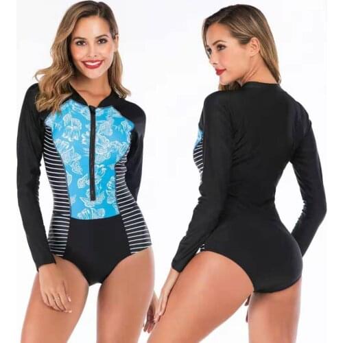 Stripes Design Long Sleeve Swimsuit Summer Bodysuit Beach Wear One-piece Surfing Swim Suits Bathing Suit