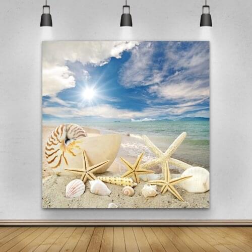 Laeacco Summer Sea Beach Sand Starfish Conch Photography Backdrop Vinyl Background Blue Sky Cloud Child Baby Shower Photo Studio