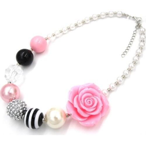 Lovely Girls Chunky Beads Necklace Resin PINK Flower Toddler Baby Girl Bubblegum Pearl Necklaces kids gift jewelry for children