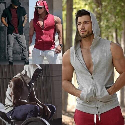 2021 Mens Casual Hoodie Sweatshirts Tank Tops Summer Sleeveless Slim Fit Zip-up Tops Pockets Male Fashion Muscle Sports Vest