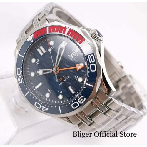 Military Style Stainless Steel Mens Watch Luminous Sapphire Crystal Auto Date 41mm Wristwatch Mental Bracelet Clasp GMT Hand