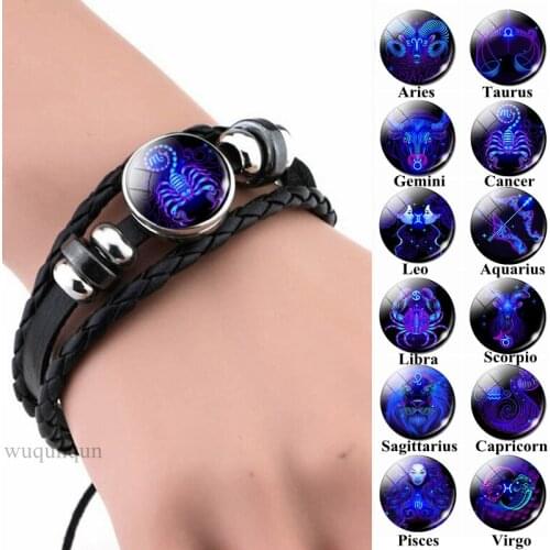12 Constellation Zodiac Sign Black Leather Bracelets Glass Cabochon Jewelry Leo Virgo Libra Woven Punk Men Bangle Birthday Gifts