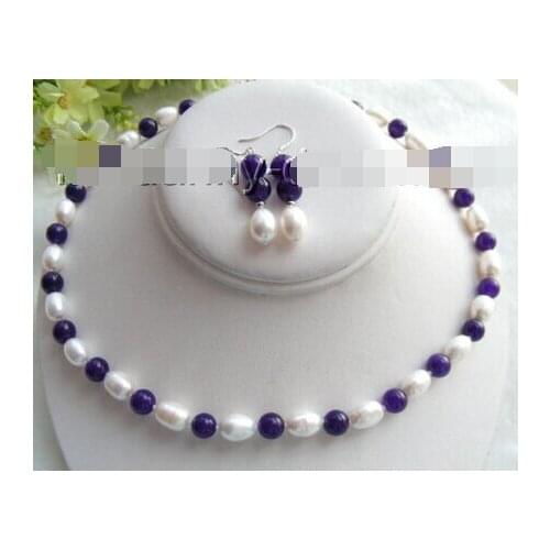 White freshwater pearls &natural jade necklace earring set