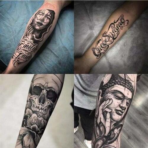 4 Sheets Black Arm Fake Tattoo Stickers For Men Women Skull Buddha Ghost Temporary Tattos Body Wrist Waterproof Decals Tatoos